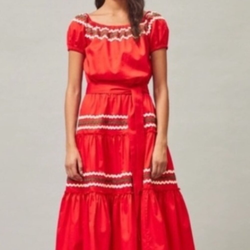 NWOT Tory Burch Embroidered Peasant Midi Dress in Red with Rickrack Trim $485